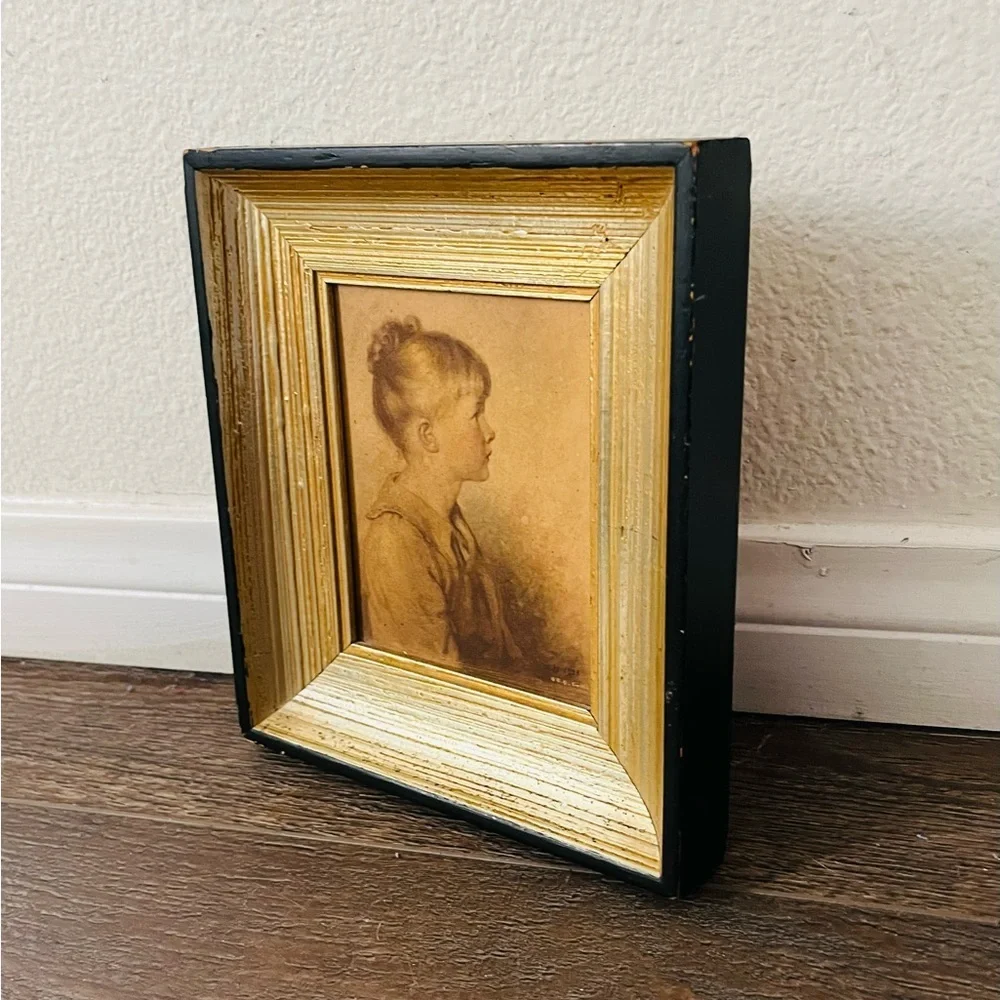 Vintage Gold and Black Framed Portrait - Sidney Bell”Charlotte “ 6/8 Inch